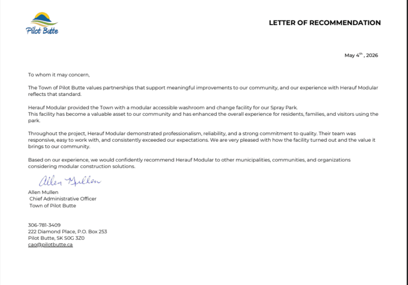 Reference letter from Town of Pilot Butte